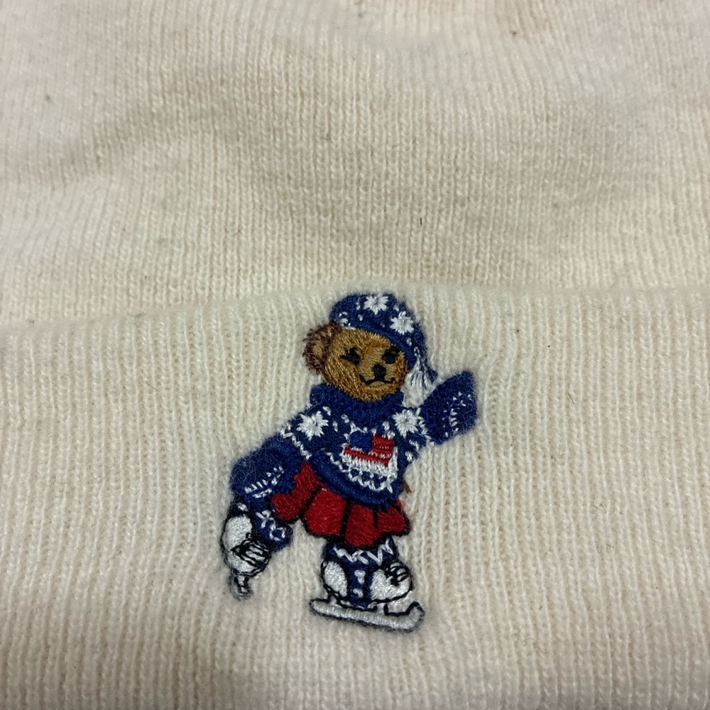 Polo Ralph Lauren Cream Knit Pom Beanie with Embroidered Winter Bear Patch OS